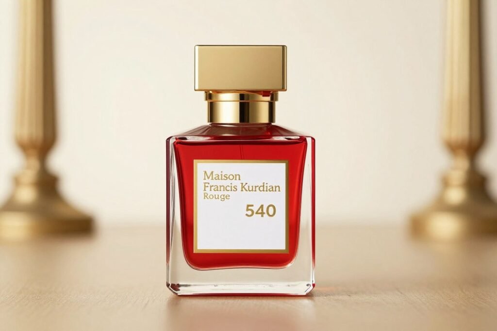 Frasco do perfume Baccarat Rouge 540 de Maison Francis Kurkdjian com seu design luxuoso