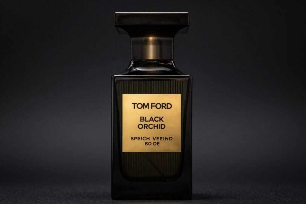 Frasco do perfume Black Orchid de Tom Ford com seu design luxuoso