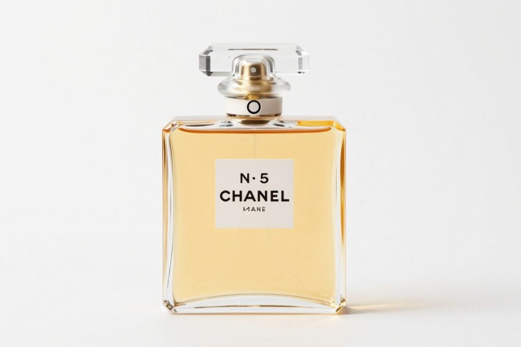 Frasco do perfume Chanel Nº 5 com seu icônico design minimalista