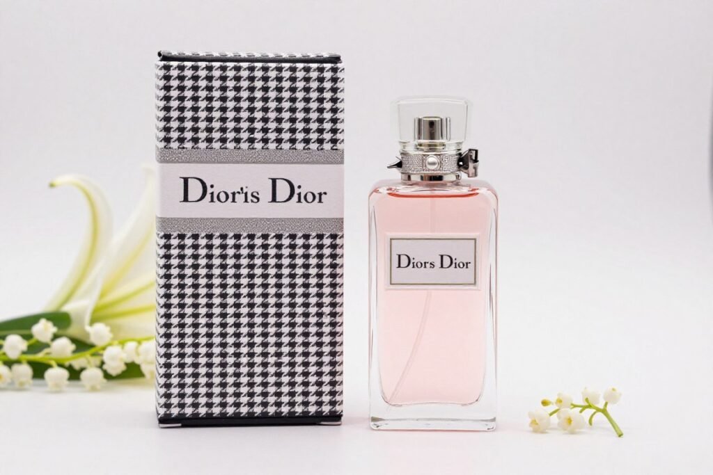 Frasco do perfume Diorissimo de Christian Dior com seu design elegante