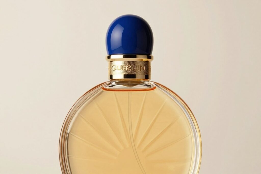 Frasco do perfume Guerlain Shalimar com sua distintiva tampa azul