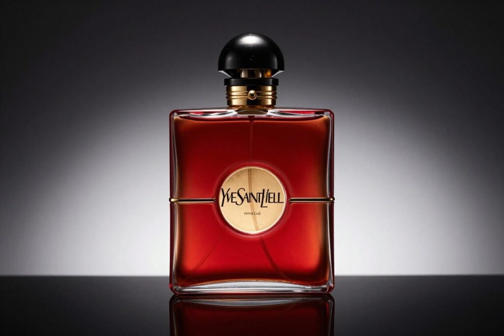 Frasco do perfume Opium de Yves Saint Laurent com seu design oriental distintivo