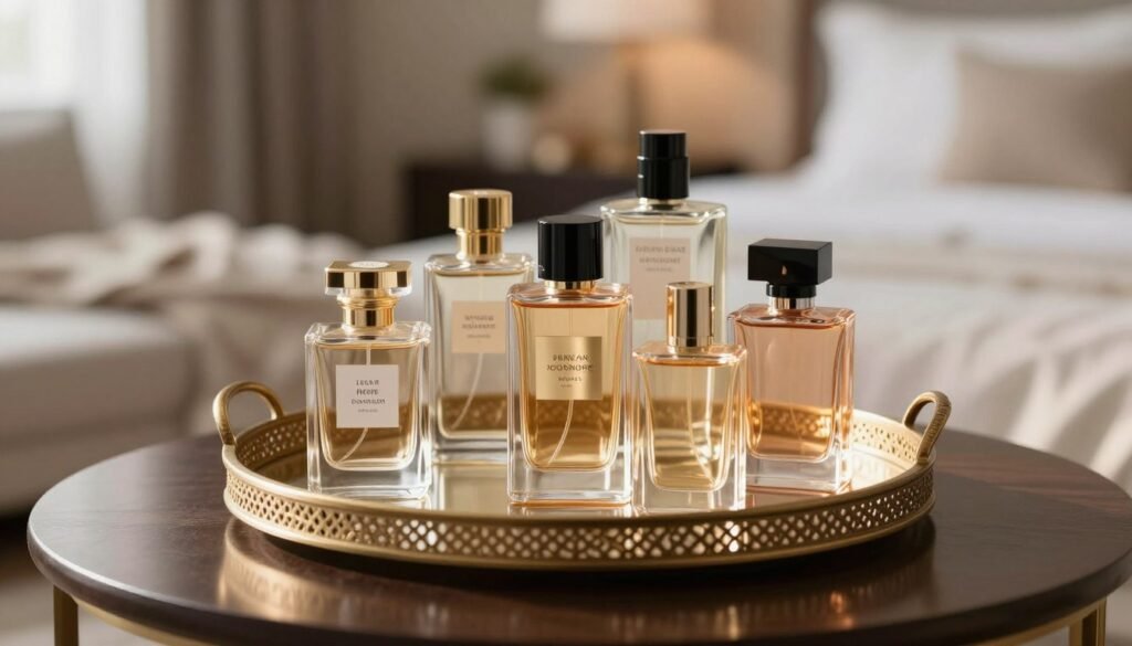 Uma coleção de perfumes elegantemente armazenados em uma bandeja decorativa protegida da luz solar