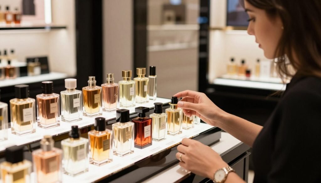 Uma mulher testando diferentes perfumes em uma loja de fragrâncias de luxo
