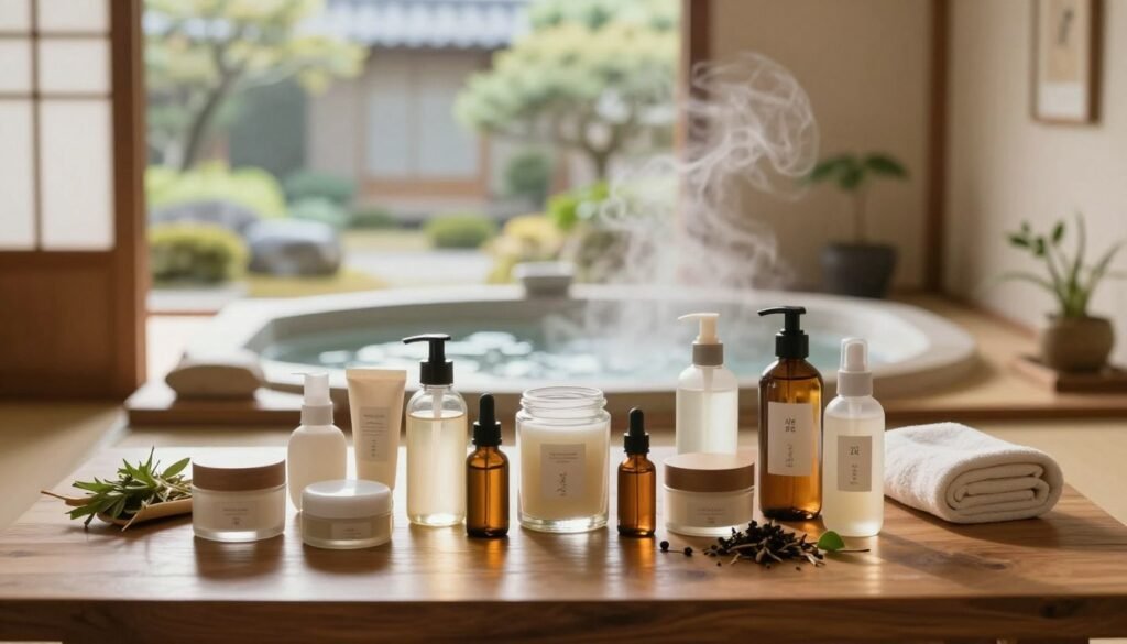 Frascos de cosméticos sobre mesa de madeira com banho a vapor e decoração minimalista.