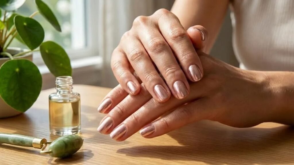 Mãos com unhas metálicas sobre mesa de madeira com óleo, massageador de jade e planta.